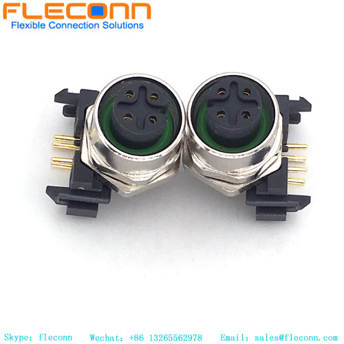M12-A 4 Pin Female Panel Mount Connector, front lock, Right Angle