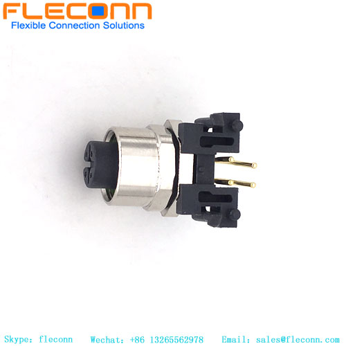 M12-A 4 Pin Female Panel Mount Connector, front lock, Right Angle