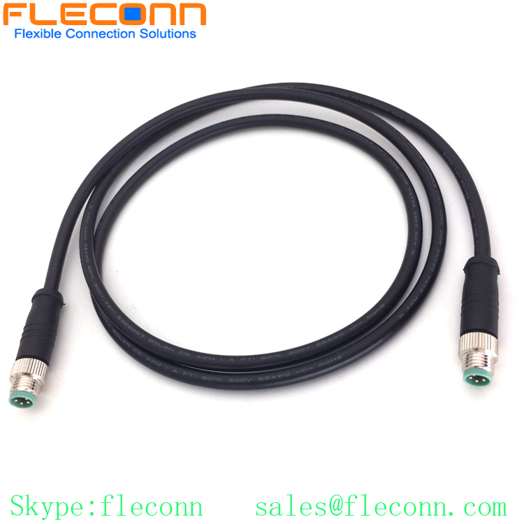 M8 Connection cable 4 Pin male cable connector on both ends, Overmolded, Black PVC, Unshielded