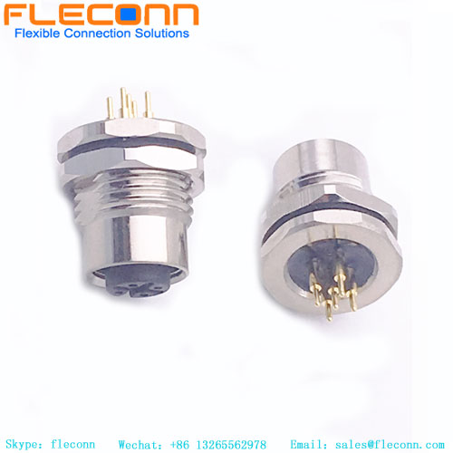 M12 PCB Panel Connector, A-coded, 5 Pin Female Rear Mount Receptacle